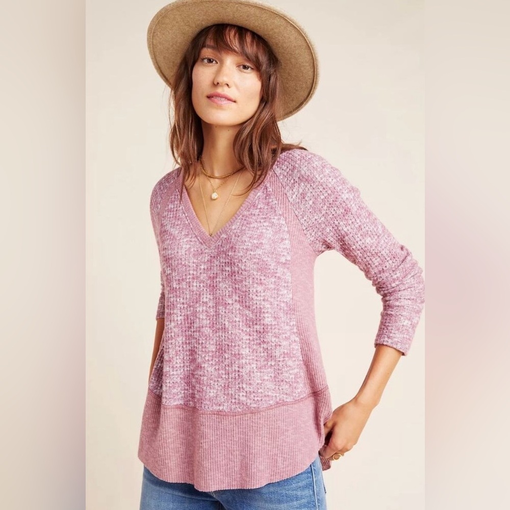 Anthropologie Eri + Ali Dorotea Space-Dyed Thermal Pink Purple Vneck Top Medium